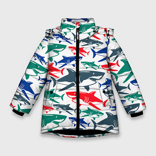 Зимняя куртка для девочки Стая разноцветных акул - паттерн / 3D-Черный – фото 1