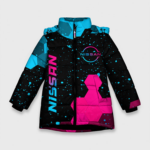 Зимняя куртка для девочки Nissan - neon gradient: символ и надпись вертикаль / 3D-Черный – фото 1