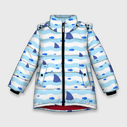 Зимняя куртка для девочки Волны, рыбки и плавники акул - паттерн