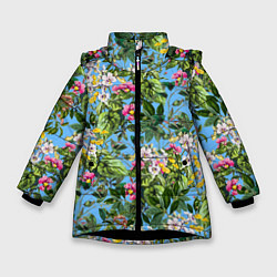 Куртка зимняя для девочки Милые Цветы, цвет: 3D-черный