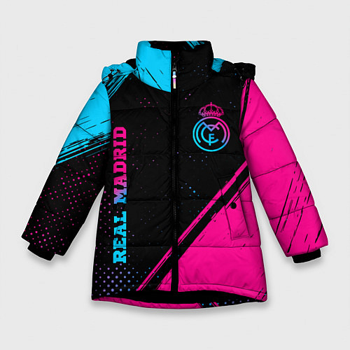 Зимняя куртка для девочки Real Madrid - neon gradient: символ и надпись верт / 3D-Черный – фото 1