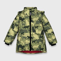 Куртка зимняя для девочки Кошачий камуфляж в зеленой гамме, цвет: 3D-красный