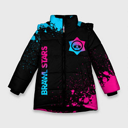 Куртка зимняя для девочки Brawl Stars - neon gradient: символ и надпись верт, цвет: 3D-черный