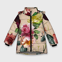 Куртка зимняя для девочки Цветы Нарисованные Красные Розы и Лилии, цвет: 3D-светло-серый