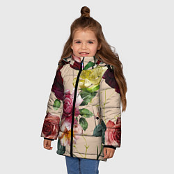 Куртка зимняя для девочки Цветы Нарисованные Красные Розы и Лилии, цвет: 3D-светло-серый — фото 2