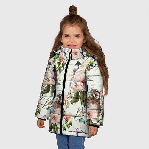 Зимняя куртка для девочки Цветы Нарисованные Магнолии и Птицы / 3D-Красный – фото 3