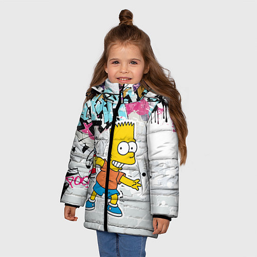 Зимняя куртка для девочки Барт Симпсон на фоне стены с граффити / 3D-Красный – фото 3