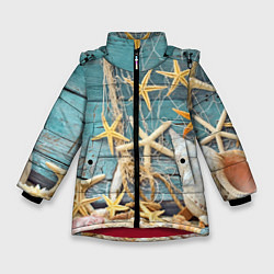 Куртка зимняя для девочки Натюрморт из сети, морских звёзд и ракушек - лето, цвет: 3D-красный