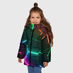 Куртка зимняя для девочки Радужный градиент неоновые геометрические плиты, цвет: 3D-светло-серый — фото 2