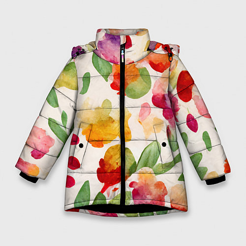 Зимняя куртка для девочки Романтичные акварельные цветы / 3D-Черный – фото 1