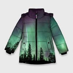 Куртка зимняя для девочки Сияние над лесом, цвет: 3D-черный