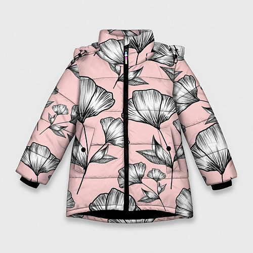 Зимняя куртка для девочки Графичные цветы на пудровом фоне / 3D-Черный – фото 1