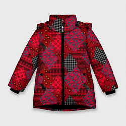 Куртка зимняя для девочки Красный лоскутный узор пэчворк, цвет: 3D-черный