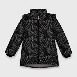 Зимняя куртка для девочки Белые контуры тропических листьев на черном