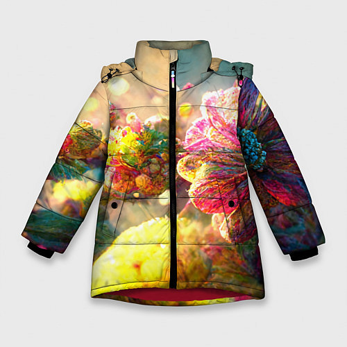 Зимняя куртка для девочки Цветы абстракция / 3D-Красный – фото 1