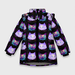 Куртка зимняя для девочки Неоновые кошачьи морды, цвет: 3D-светло-серый