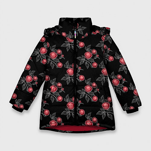 Зимняя куртка для девочки Акварельные розы на черном / 3D-Красный – фото 1