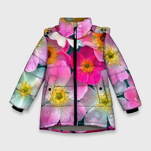 Зимняя куртка для девочки Сказочные разноцветные цветы / 3D-Светло-серый – фото 1