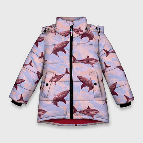 Зимняя куртка для девочки Акулы на фоне неба / 3D-Красный – фото 1