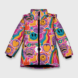 Куртка зимняя для девочки Психоделические страшилки, цвет: 3D-черный