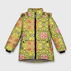 Куртка зимняя для девочки Зеленые узоры и оранжевые цветы, цвет: 3D-светло-серый