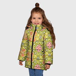 Куртка зимняя для девочки Зеленые узоры и оранжевые цветы, цвет: 3D-красный — фото 2