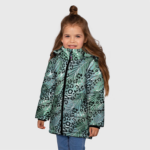 Зимняя куртка для девочки Листья пальмы на леопардовом серо - зеленом фоне / 3D-Светло-серый – фото 3