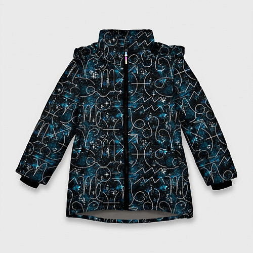 Зимняя куртка для девочки Знаки зодиака и звезды на сине- черном фоне / 3D-Светло-серый – фото 1