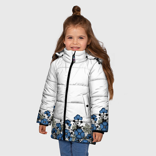 Зимняя куртка для девочки Синий цветочный узор -кайма / 3D-Светло-серый – фото 3