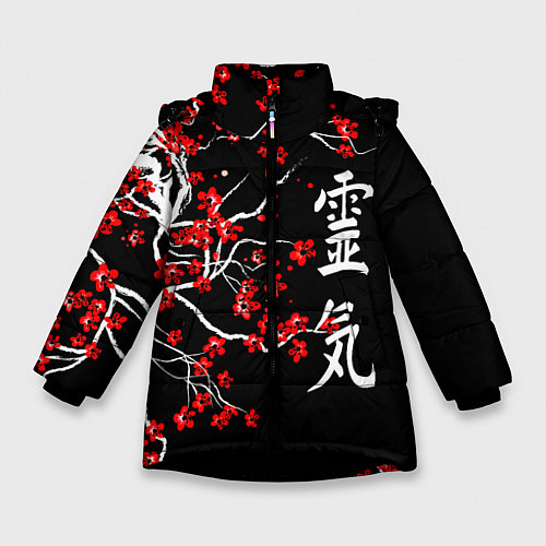 Зимняя куртка для девочки Сакура в цвету / 3D-Черный – фото 1