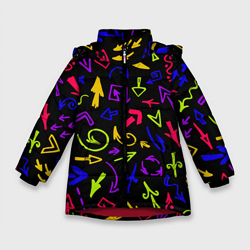 Зимняя куртка для девочки Паттерн из разноцветных стрелочек / 3D-Красный – фото 1