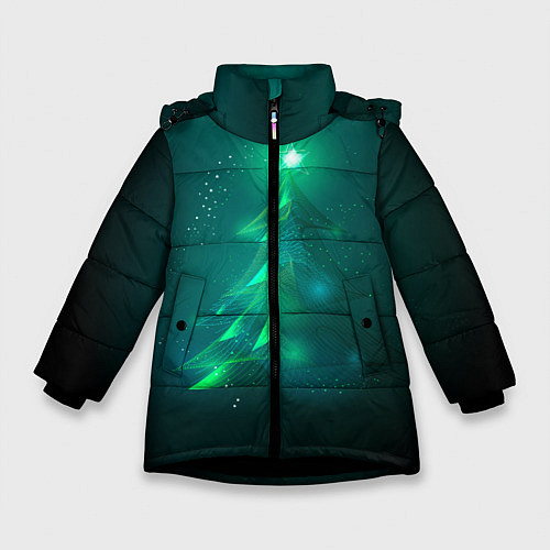Зимняя куртка для девочки Новогодняя неоновая кибер-елочка / 3D-Черный – фото 1
