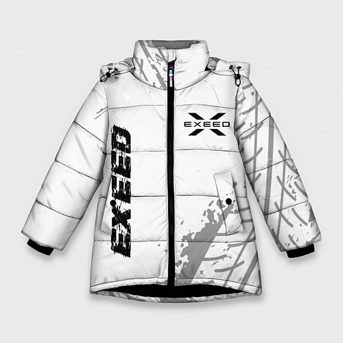 Зимняя куртка для девочки Exeed speed на светлом фоне со следами шин: надпис / 3D-Черный – фото 1