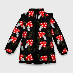 Куртка зимняя для девочки Мухоморы на черном фоне, цвет: 3D-черный