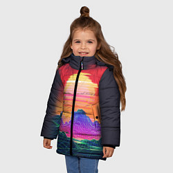 Куртка зимняя для девочки Синтвейв неоновые горы на закате, цвет: 3D-черный — фото 2