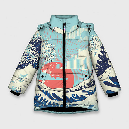 Зимняя куртка для девочки Морской пейзаж с большими волнами на закате / 3D-Черный – фото 1