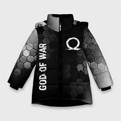 Зимняя куртка для девочки God of War glitch на темном фоне: надпись, символ