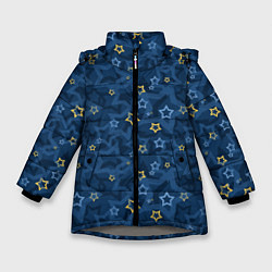 Куртка зимняя для девочки Желтые и синие звезды на синем фоне, цвет: 3D-светло-серый