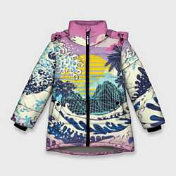 Куртка зимняя для девочки Штормовые океанские волны и пальмы, цвет: 3D-светло-серый