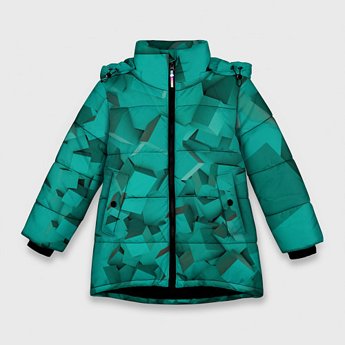 Зимняя куртка для девочки Абстрактные сине-зелёные кубы / 3D-Черный – фото 1