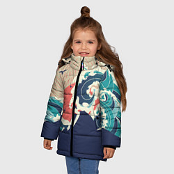 Куртка зимняя для девочки Большая океанская волна и силуэт пустынного остров, цвет: 3D-светло-серый — фото 2