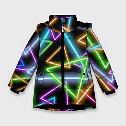 Куртка зимняя для девочки Неоновые треугольники - текстура, цвет: 3D-черный