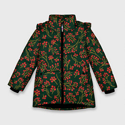 Куртка зимняя для девочки Красные ягоды на темно-зеленом фоне, цвет: 3D-черный