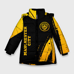 Куртка зимняя для девочки Manchester City - gold gradient: надпись, символ, цвет: 3D-черный
