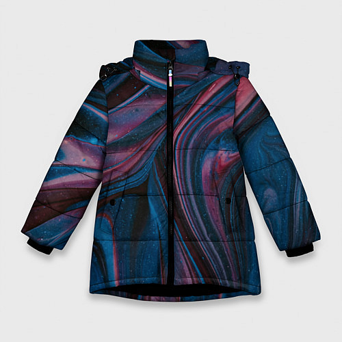 Зимняя куртка для девочки Абстрактные фиолетовые и синие волны с блёстками / 3D-Черный – фото 1