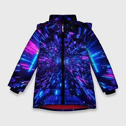 Куртка зимняя для девочки Киберпанк синий неоновый тоннель, цвет: 3D-красный