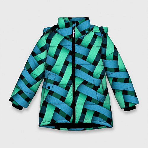 Зимняя куртка для девочки Сине-зелёная плетёнка - оптическая иллюзия / 3D-Черный – фото 1
