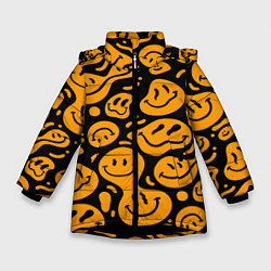 Куртка зимняя для девочки Растекающийся оранжевый смайл, цвет: 3D-черный