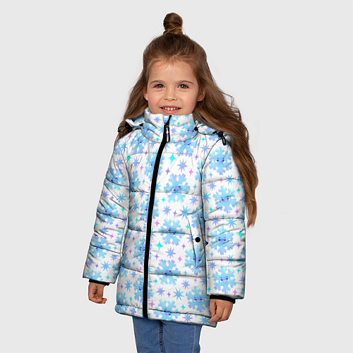 Зимняя куртка для девочки Снежинки с цветными звездами на белом фоне / 3D-Светло-серый – фото 3