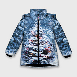 Куртка зимняя для девочки Новогодняя ёлка в лесу, цвет: 3D-черный